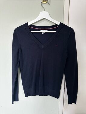 Tommy Hilfiger Navy V-Neck Sweater with Signature Stripe